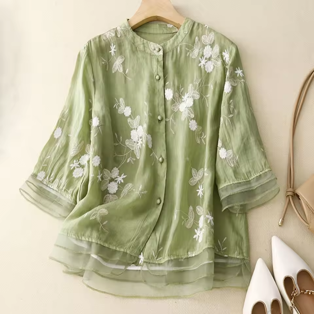 Eloise™ - Embroidered Cotton-Linen Blouse