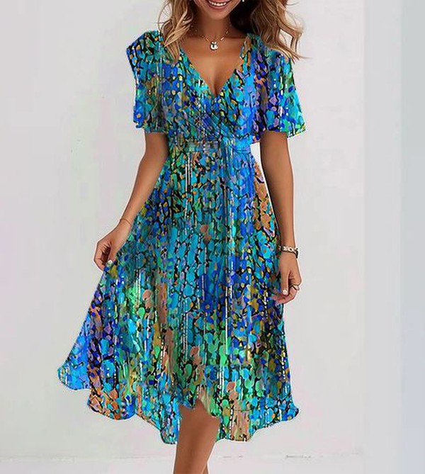 Celeste™ - Short Sleeve Blue Midi Dress