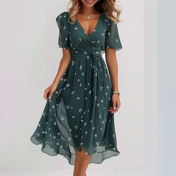 Viela™ -  Short Sleeve Green Midi Dress