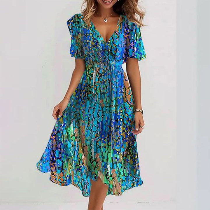 Celeste™ - Short Sleeve Blue Midi Dress