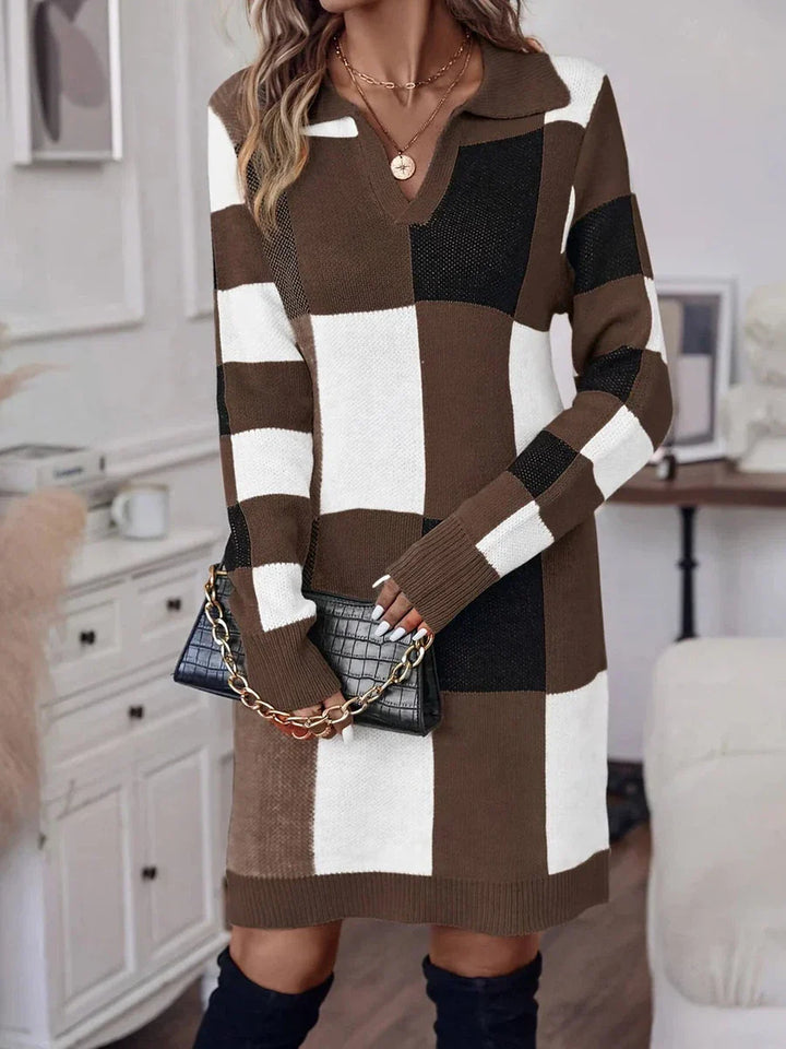 Camille™ - Brown V-Neck Long Sleeve Mini Dress