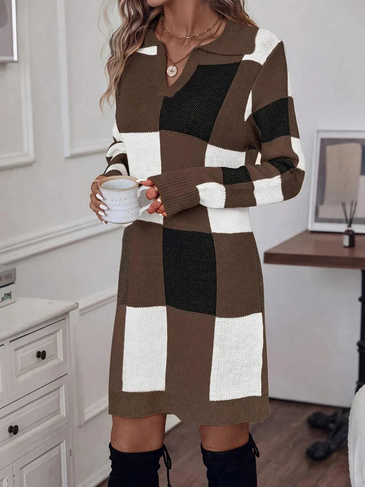 Camille™ - Brown V-Neck Long Sleeve Mini Dress