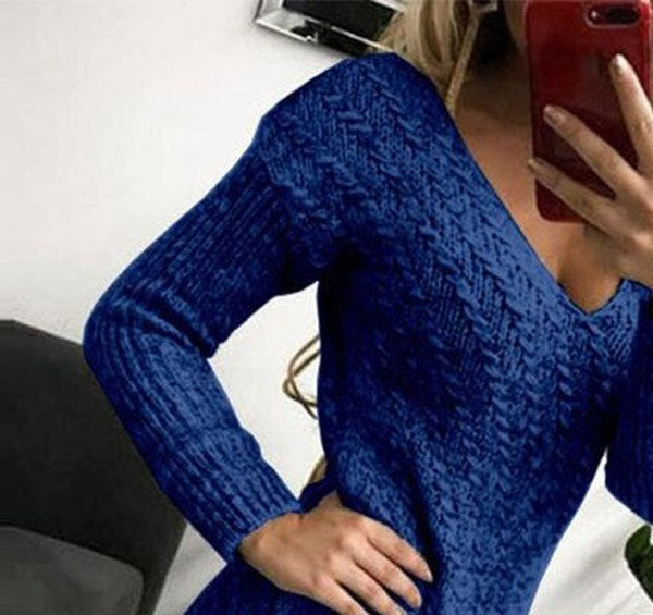 Elara™ - Blue V-Neck Mini Sweater Dress