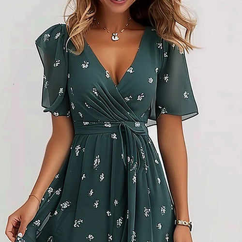 Viela™ -  Short Sleeve Green Midi Dress